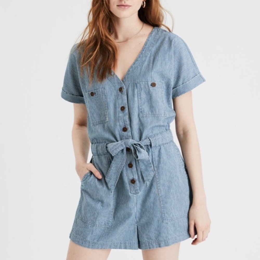 AE Tie Front Utility Romper blue white stripe Button-Up Jean chambray medium